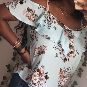 Blue Floral Ruffled Cold Shoulder Blouse